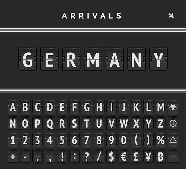 Airport mechanical board flip font with triple line markup and arrivals destination in germany