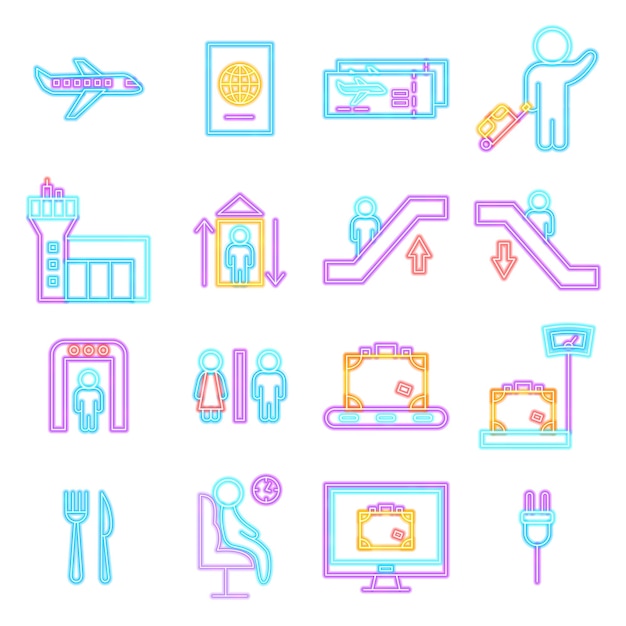 Airport Neon Icons Isolated