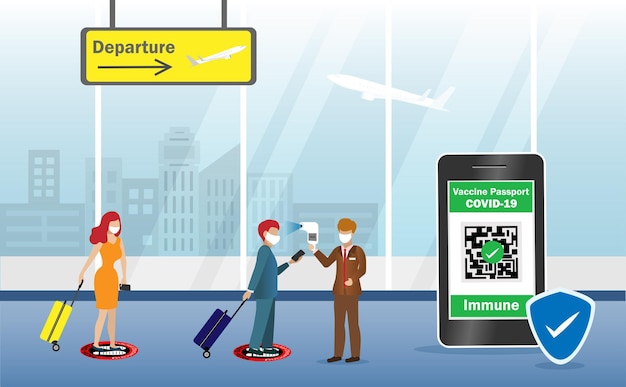 Airport officer using infrared thermometer check passengers temperature and vaccine passport