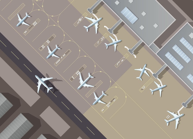 Airport passenger terminal and runway top view top down aerial view of a busy airport terminal with parked airplanes the runway of the aircraft buildings hangar for airplanes vector llustration