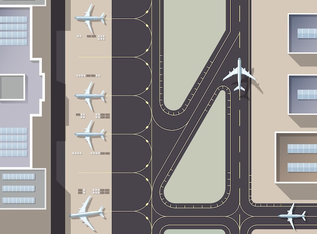 空港旅客ターミナルと滑走路のトップ ビュー 駐車中の飛行機で忙しい空港ターミナルの空撮を上から見る 航空機の滑走路 飛行機の建物の格納庫 ベクトル イラストレーション