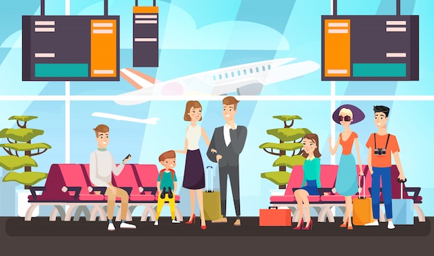 Airport passengers waiting for flight flat illustration. travelers sitting in departure lounge. cartoon tourists with luggage expecting plane takeoff. international airlines clients.