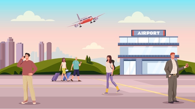 空港の人々が旅行を待っているターミナルのコンセプトグラフィックデザイン要素イラスト