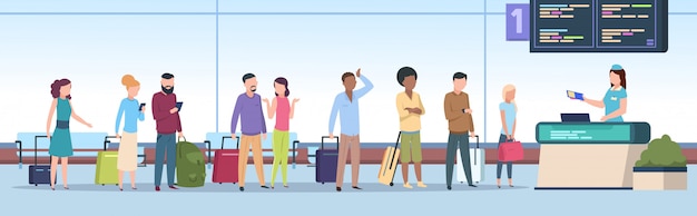airport queue. airplane passengers check registration airport terminal. traveling people, baggage waiting in gate. concept