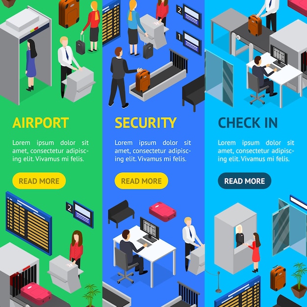 airport security checkin banner vecrtical set isometric view vector