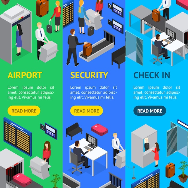 Banner per il check-in di sicurezza aeroportuale vecrtical set vista isometrica vettore