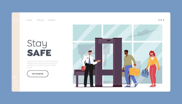 Airport Security Conveyor Belt Scanner Landing Page Template Terminal Detector with Traveler Characters and Baggage