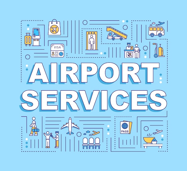 Airport services word concepts banner. Commercial flights, airline transportation infographics with linear icons on blue background. Isolated typography. Vector outline RGB color illustration