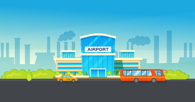 Airport terminal building and airplanes, taxi, car, loader.