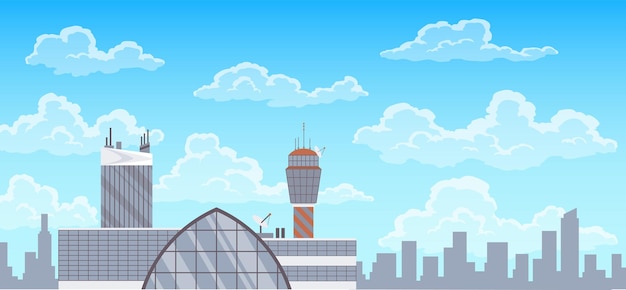 Vector airport terminal building, control tower and city landscape on background. infrastructure for travel and tourism concept, passenger air transportation.