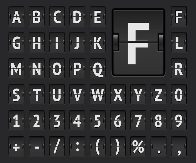Алфавитный шрифт механического флип-табло терминала аэропорта с номерами для отображения информации и расписания вылета, пункта назначения или прибытия. векторная иллюстрация.