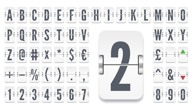 空港ターミナルのメカニカル スコアボード アルファベット証券為替レート情報の数字と財務情報またはメッセージのベクトル図のホワイト フリップ ボード フォント