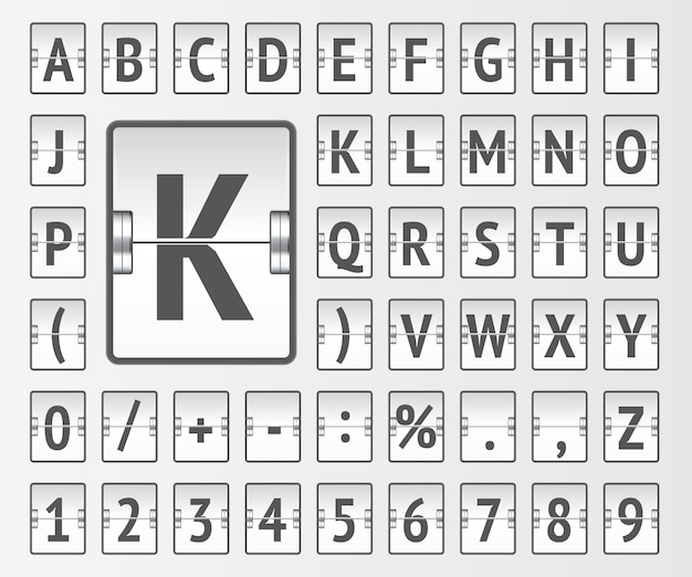 Vettore scoreboard meccanico del terminal dell'aeroporto con font con numeri per le informazioni di partenza e orario che mostra l'illustrazione vettoriale airline flip board alfabeto in grassetto per le informazioni di destinazione o arrivo del volo