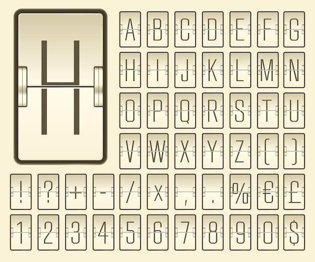 Механическое табло терминала аэропорта, узкий алфавит с цифрами для отображения информации о вылете или прибытии рейса