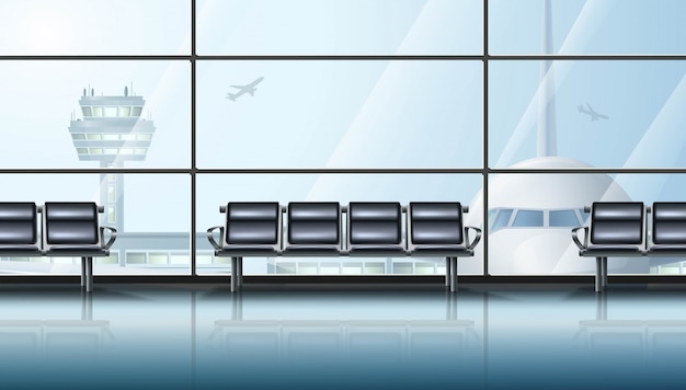 Airport terminal waiting area interior, with big windows and airplane and chairs for waiting.