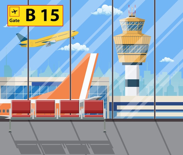 Vettore terminal dell'aeroporto con posti a sedere, aereo, torre di controllo, paesaggio urbano sullo sfondo. viaggi, vacanze, viaggi d'affari concetto. illustrazione vettoriale in design piatto. .