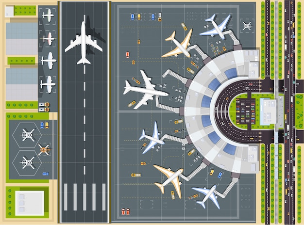 Vista dall'alto dell'aeroporto con l'aeromobile, l'edificio del terminal e la pista