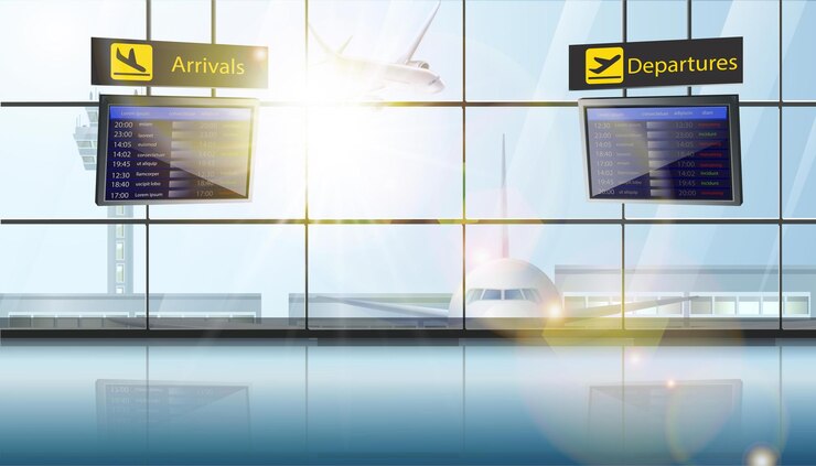 वेक्टर airport with planes in the window and flights schedule screens of departure and landing.