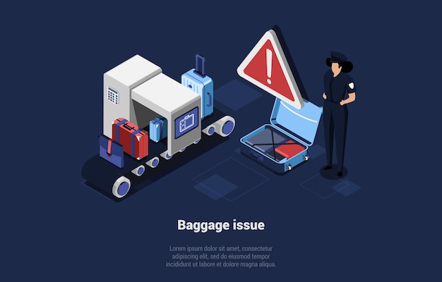 Airport Worker Character Checking Luggage On Moving Strip. Baggage Issue Illustration In Cartoon 3D Style