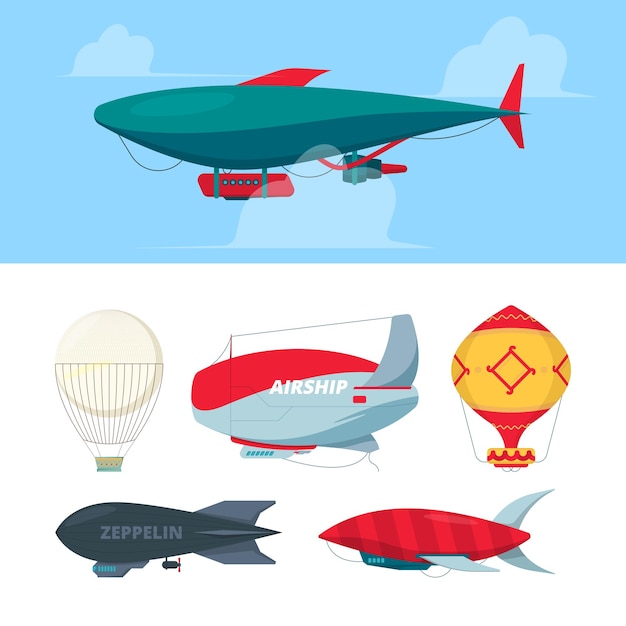 Airship. flying balloons dirigible zeppelin for travellers freedom symbols air transport vector illustrations. air dirigible and balloon, airship in sky, aircraft flying
