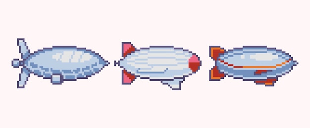 Vector airship pixel art set zeppelin collection 8 bit sprite