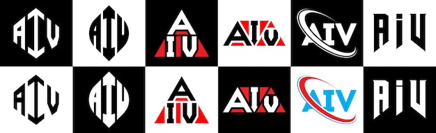 Vettore logo aiv in sei stili aiv poligono cerchio triangolo esagono piatto e semplice stile con variazione di colore bianco e nero logo lettera impostato in un cartellone aiv logo minimalista e classico