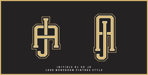 Vettore logo monogramma aj o ja in carattere maiuscolo stile vintage in colore oro su sfondo nero antico