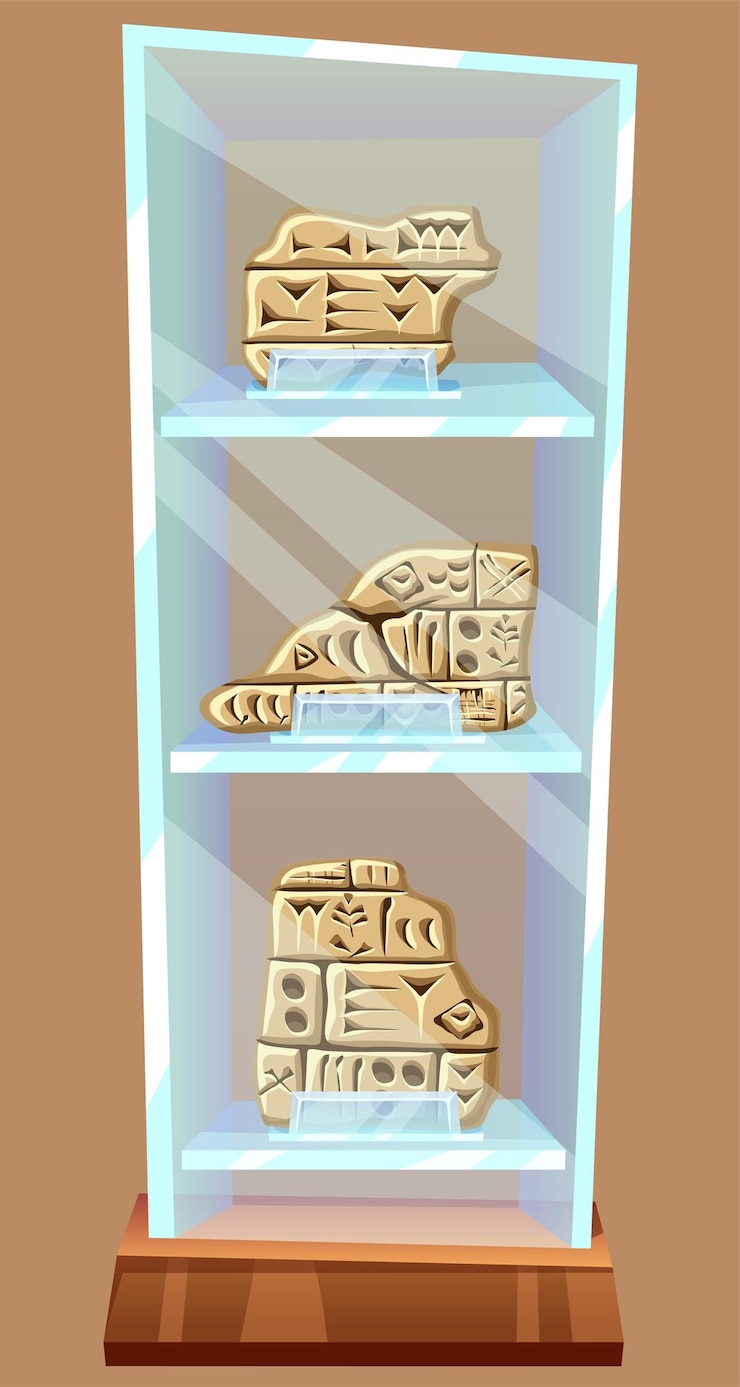 Vector akkadian cuneiform assyrian sumerian writing in museum old script alphabet babylon in mesopotamia