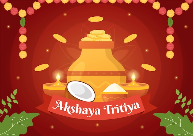 Akshaya Tritiya Festival Illustration with a Golden Kalash and Gold Coins in Hand Drawn Templates