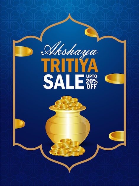 Akshaya tritiya-verkoopflyer op creatieve gouden muntenpot