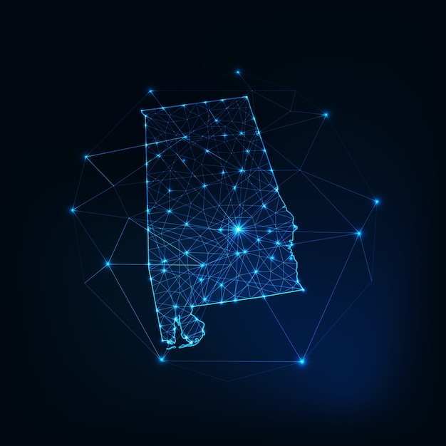 Карта штата алабама сша светящийся силуэт контур из звезд, линий, точек, треугольников, низких многоугольных форм. связь, концепция интернет-технологий. каркасный футуристический