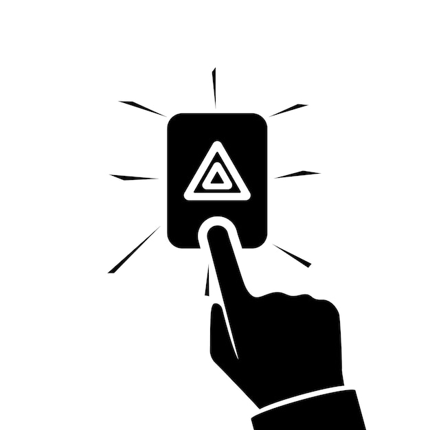 Vettore icona nera pulsante allarme auto sistema di allarme silhouette la persona preme il pulsante con il dito del vettore dell'auto
