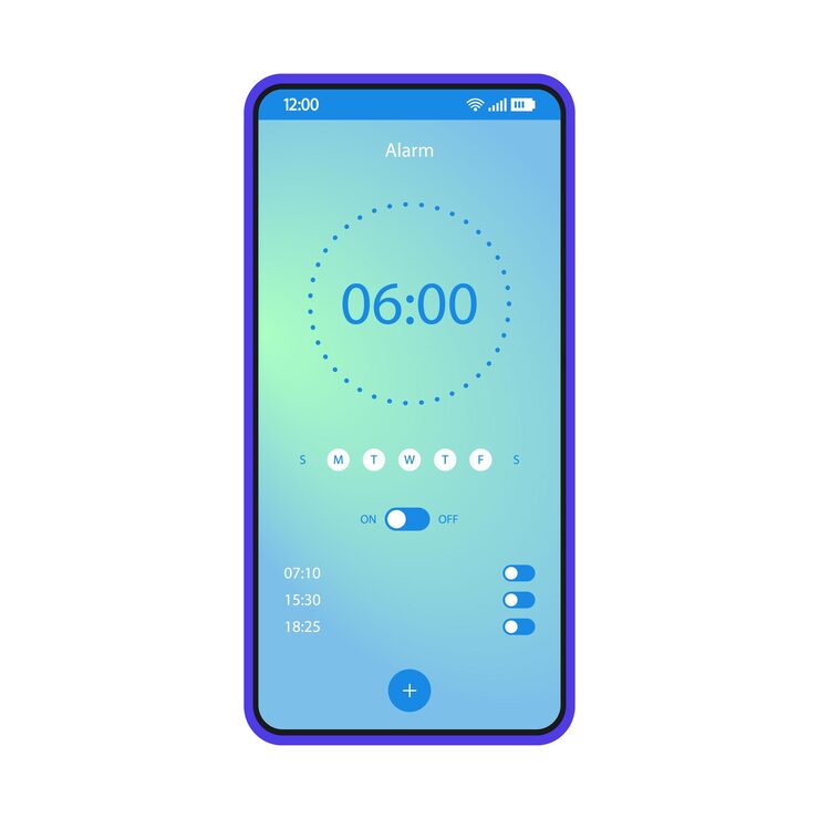 Vector 알람 시계 앱 스마트폰 인터페이스 벡터 템플릿입니다. 모바일 깨우기 응용 프로그램 페이지 파란색 디자인 레이아웃입니다. 켜기, 끄기 옵션 화면. 응용 프로그램에 대한 그라디언트 평면 ui. 기상 시간 설정 휴대전화 디스플레이 가져오기