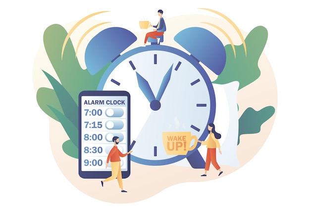 Vector alarm clock app wake up tiny people wake up in morning and follow routine of day good morning