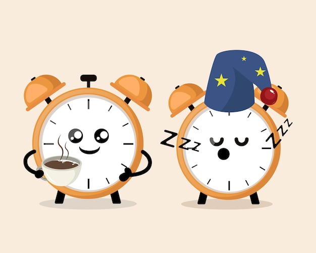 Vector alarm clock drink coffee in the morning cute mascot