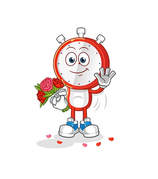 Alarm clock head cartoon with bouquet mascot. cartoon vector