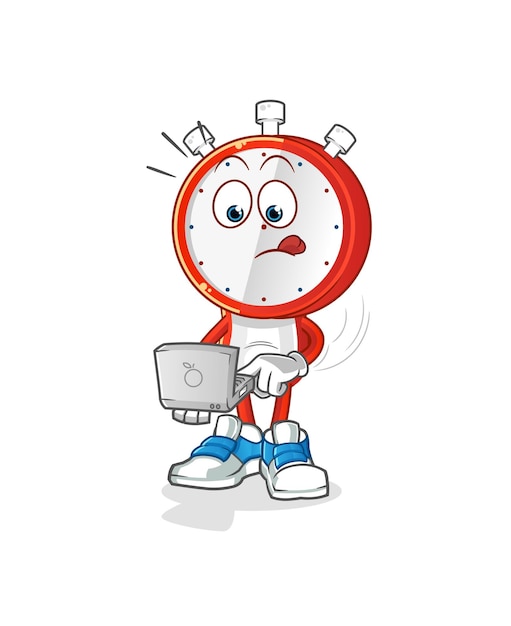 Alarm clock head cartoon with laptop mascot cartoon vector