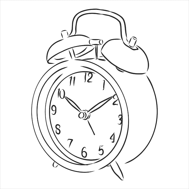 Alarm clock illustration, drawing, engraving, ink, line art