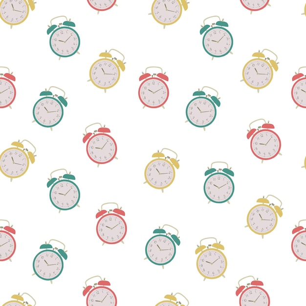 Alarm clock pattern. Vector alarm clock on white background. Colorful seamless pattern.