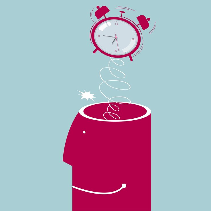 Alarm clock pops up in the brain. Isolated on blue background.