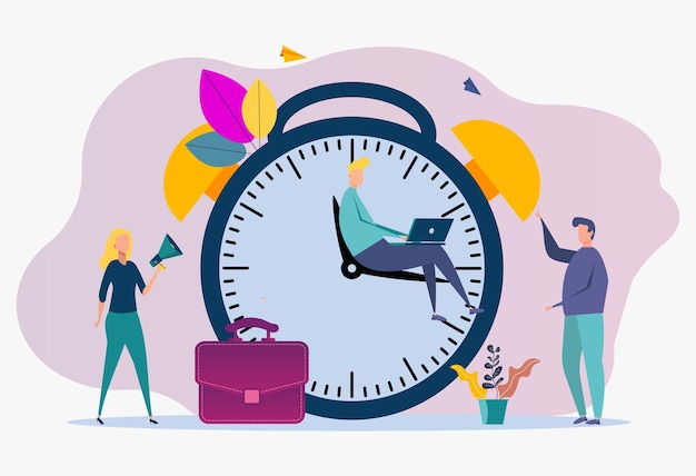 Alarm clock rings in the morning work time management concept quick reaction to wake up Colorful vector illustration