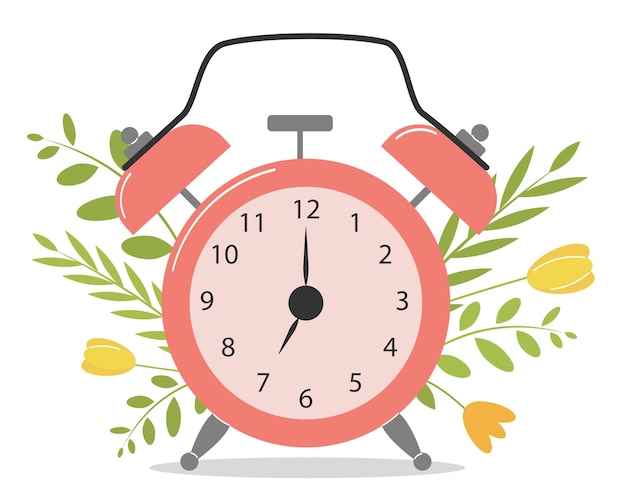 Vector alarm clock time spring hello spring wake up pink alarm clock with flowers vector illustration