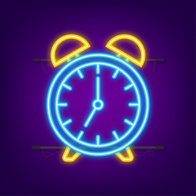 Alarm clock, wake-up time in hands on white background. Neon icon. Vector stock illustration.