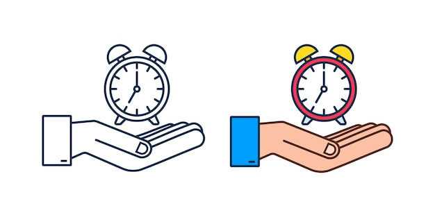 Alarm clock, wake-up time in hands on white background. vector stock illustration.