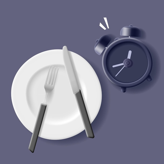 alarm clock white plate with knife and fork on dark background top view time to have breakfast