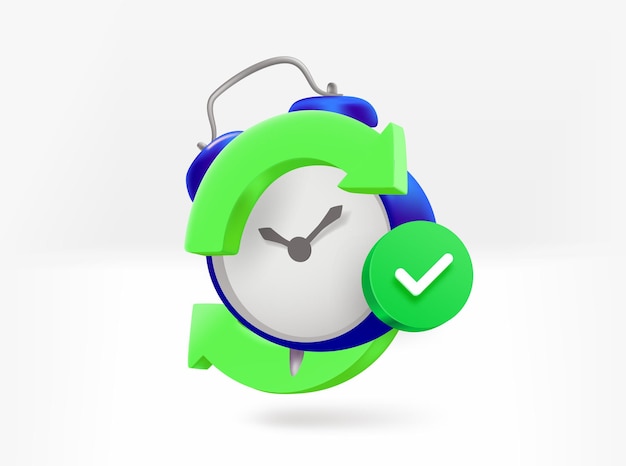 Alarm clock with arrows and checkmark 3d vector isolated illustration