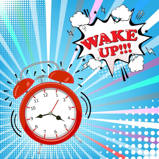 Alarm clock with comic bubble with wake up word on halftone background Retro pop art style Vector illustration Eps 10