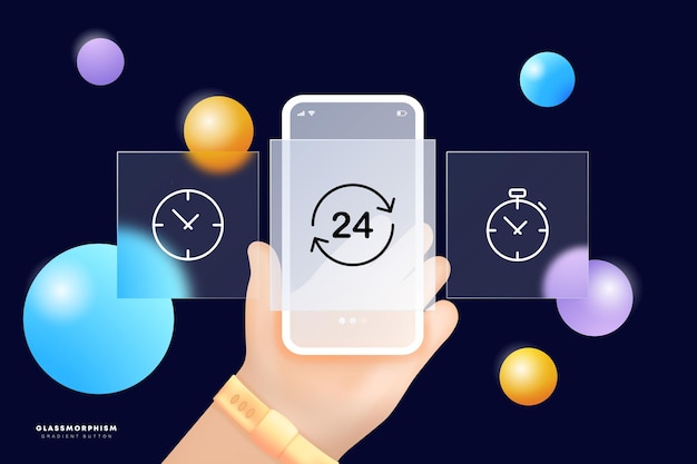 Alarm clocks set icon planning watch 24 around the clock hand schedule morning wake up ring reminder event time management concept glassmorphism ui phone app screens