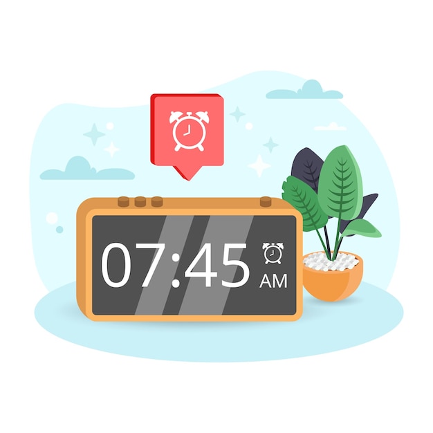 Alarm illustration clock numbers time plant pot editable