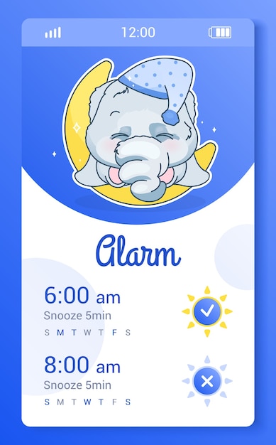 Modello di interfaccia per smartphone di allarme con carattere kawaii elefante. layout di progettazione della pagina dell'app per dispositivi mobili. orologio, schermata widget del timer. cartoon ui per l'applicazione per bambini. display del telefono con animali da zoo anime